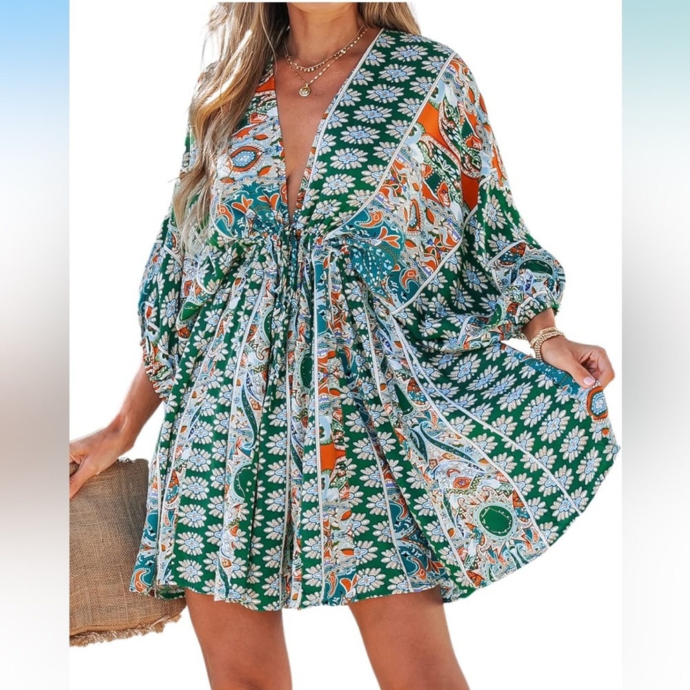 Floral Print Tie Front Dress 3/4 Sleeves Paisley Beach Mini Dresses(NWT)size Med - Picture 2 of 5